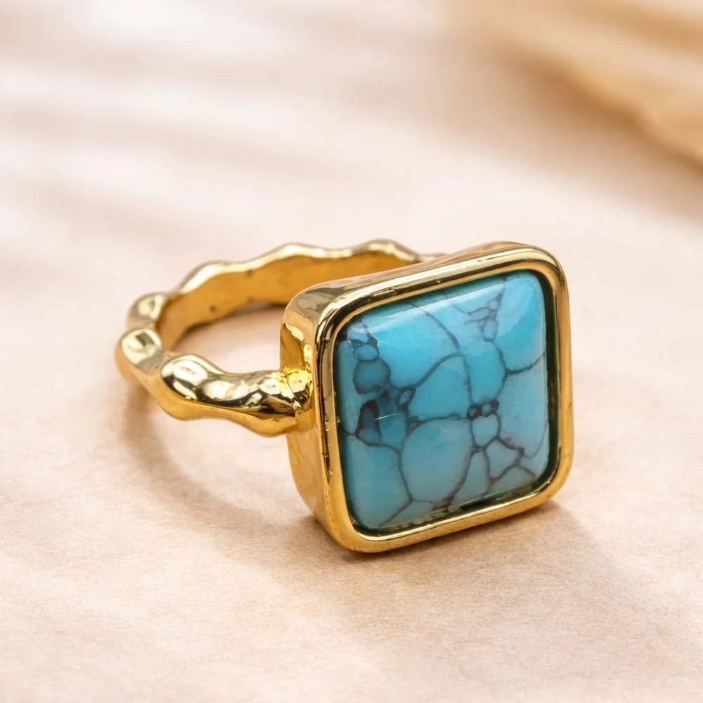 Bezel Set Turquoise Ring with 18k Gold Plating Size 6